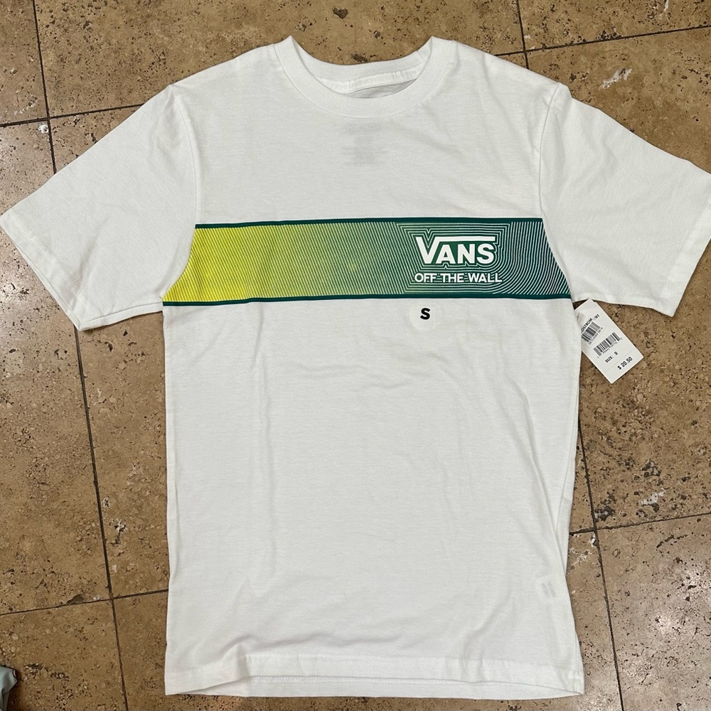 Vans White Tee with Green and Yellow Stripe